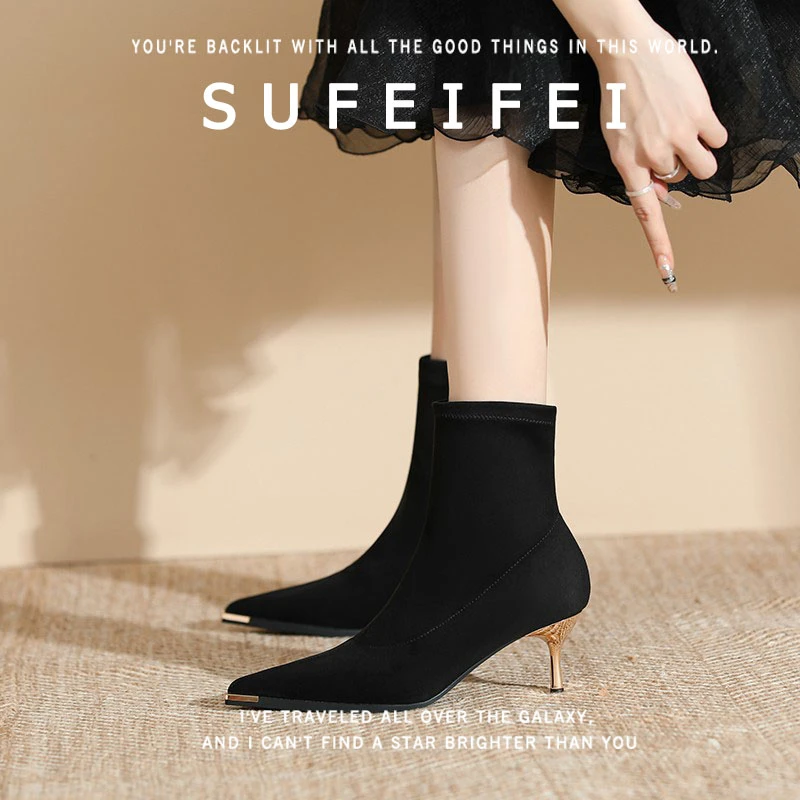 黑色瘦瘦靴气质高跟尖头法式秋冬新款加绒短靴女细跟弹力单靴显瘦