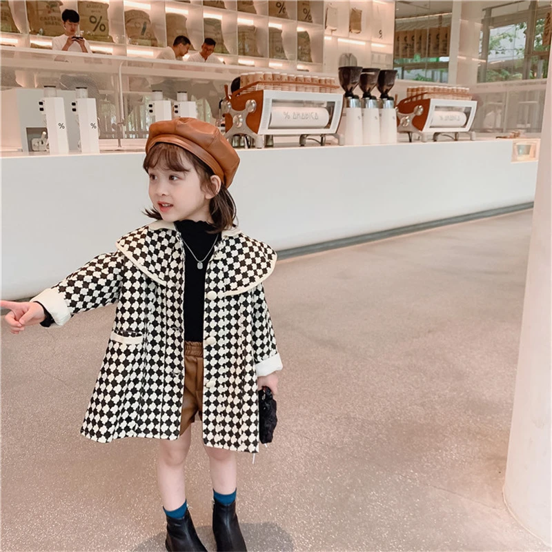 A52冬寒菱形大衣20754女童外套秋冬新款小香风中长款大衣千格鸟
