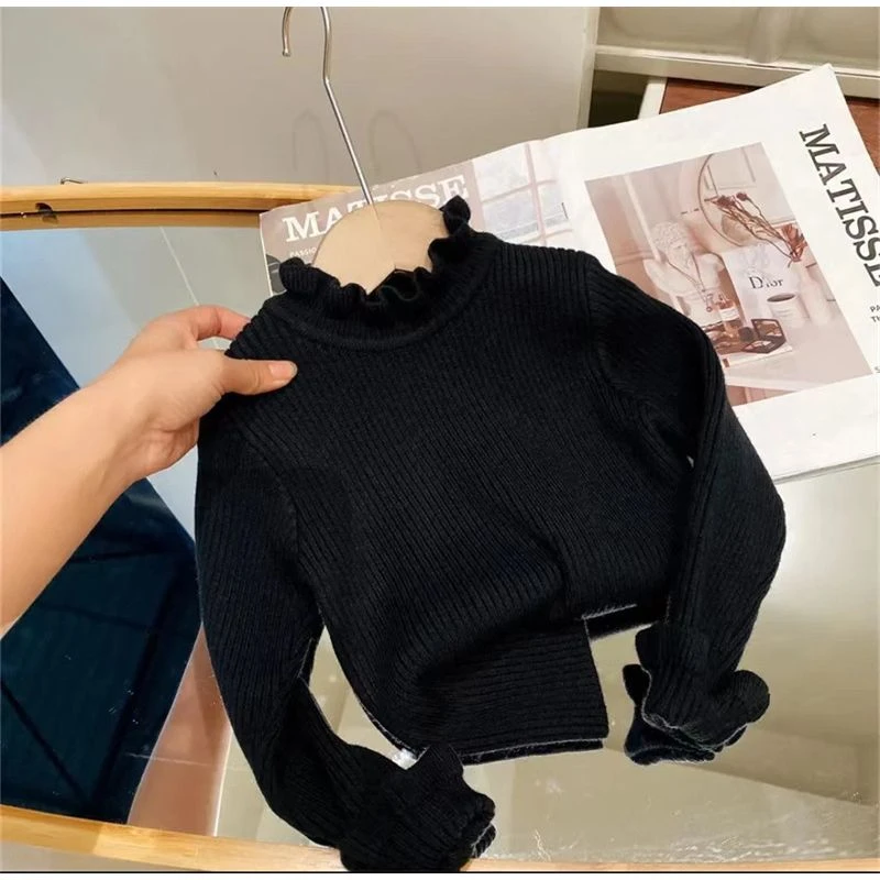 A60秋冬新品女孩毛衣洋气半高领纯色打底衫女宝宝木耳边领针织衫