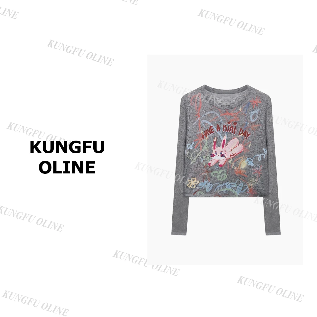 【现现】【粉兔兔】CT6096新款设计师款甜辣涂鸦兔子印花长袖打底衫女