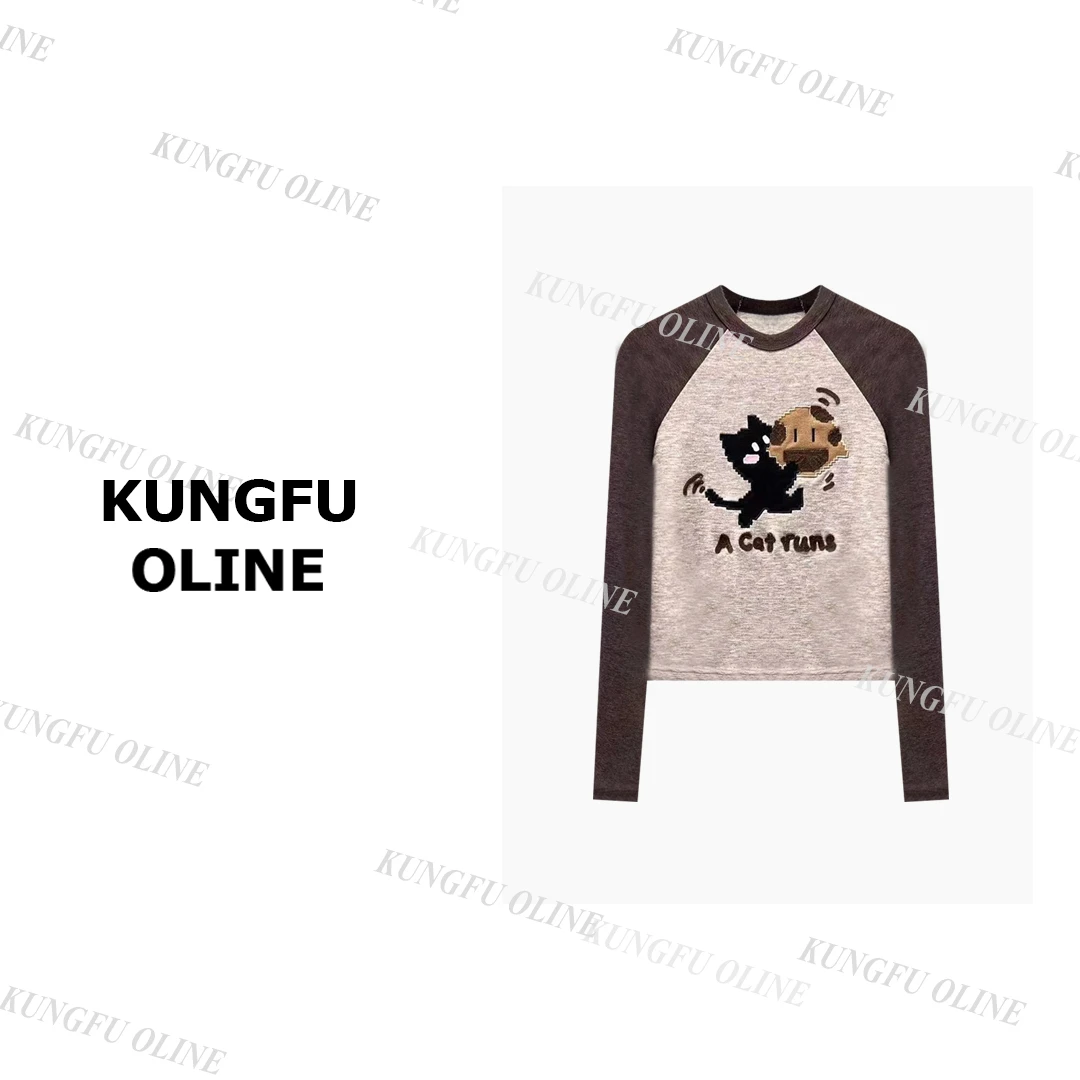 【猫咪饼干】CT6510趣味美式插肩袖像素猫咪T恤女 秋季修身短上衣