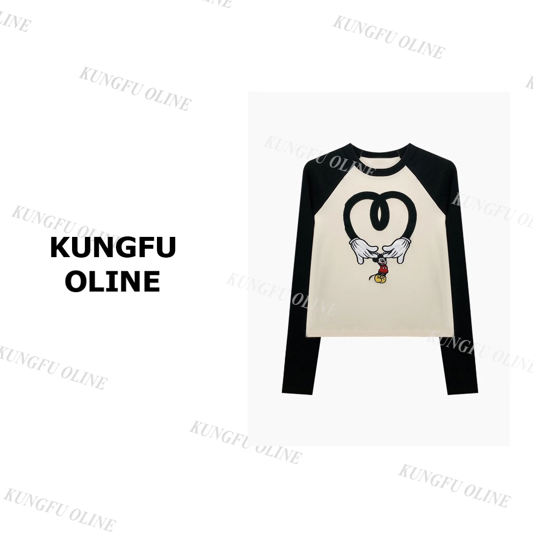 【现现】 【比心鼠】CT6016早秋时髦插肩袖刺绣长袖T恤圆领休闲上衣女