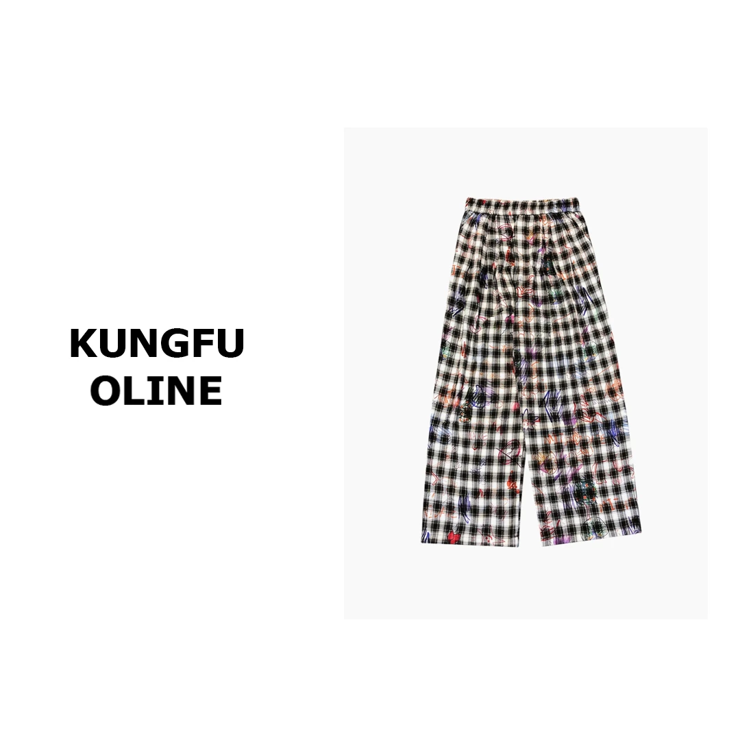 【杨咩咩】春夏涂鸦印花天丝亚麻格子裤高腰宽松直筒方格裤KZ5857