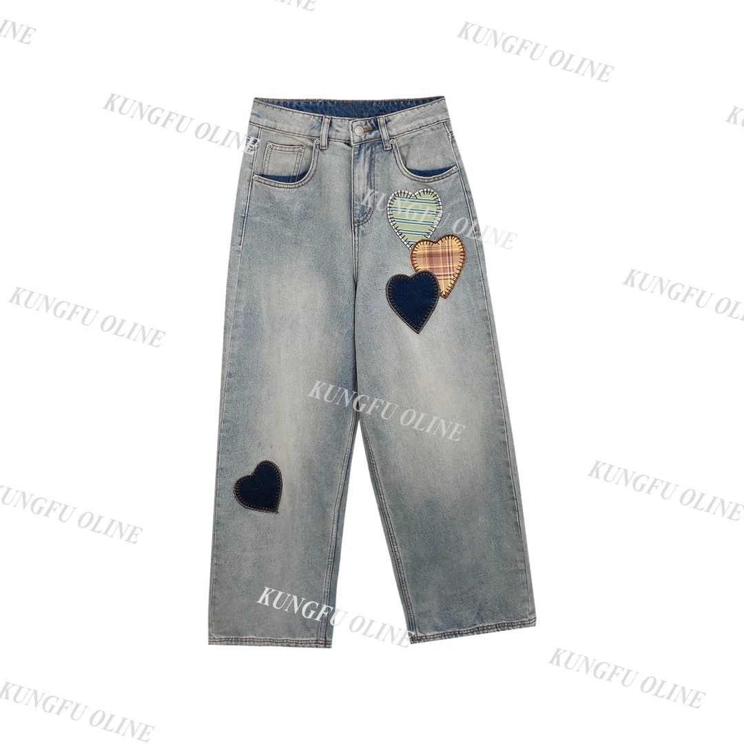 【YY】NZK6053复古水洗做旧彩色爱心贴布牛仔裤女长裤 宽松直筒