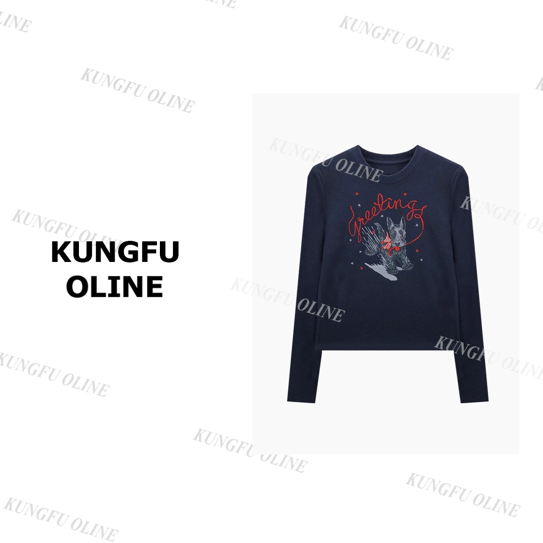 【红领小狗棉T】CT6071早秋时髦返潮复古厚长袖2024新内搭印花t恤女