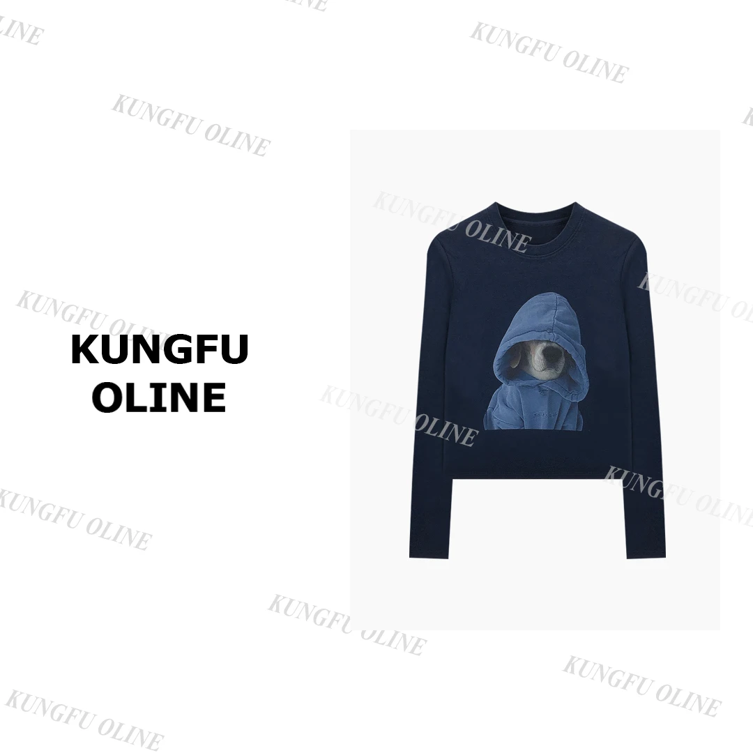 【酷小狗】CT8037早秋2024新款印花设计感长袖棉t恤女短款打底上衣