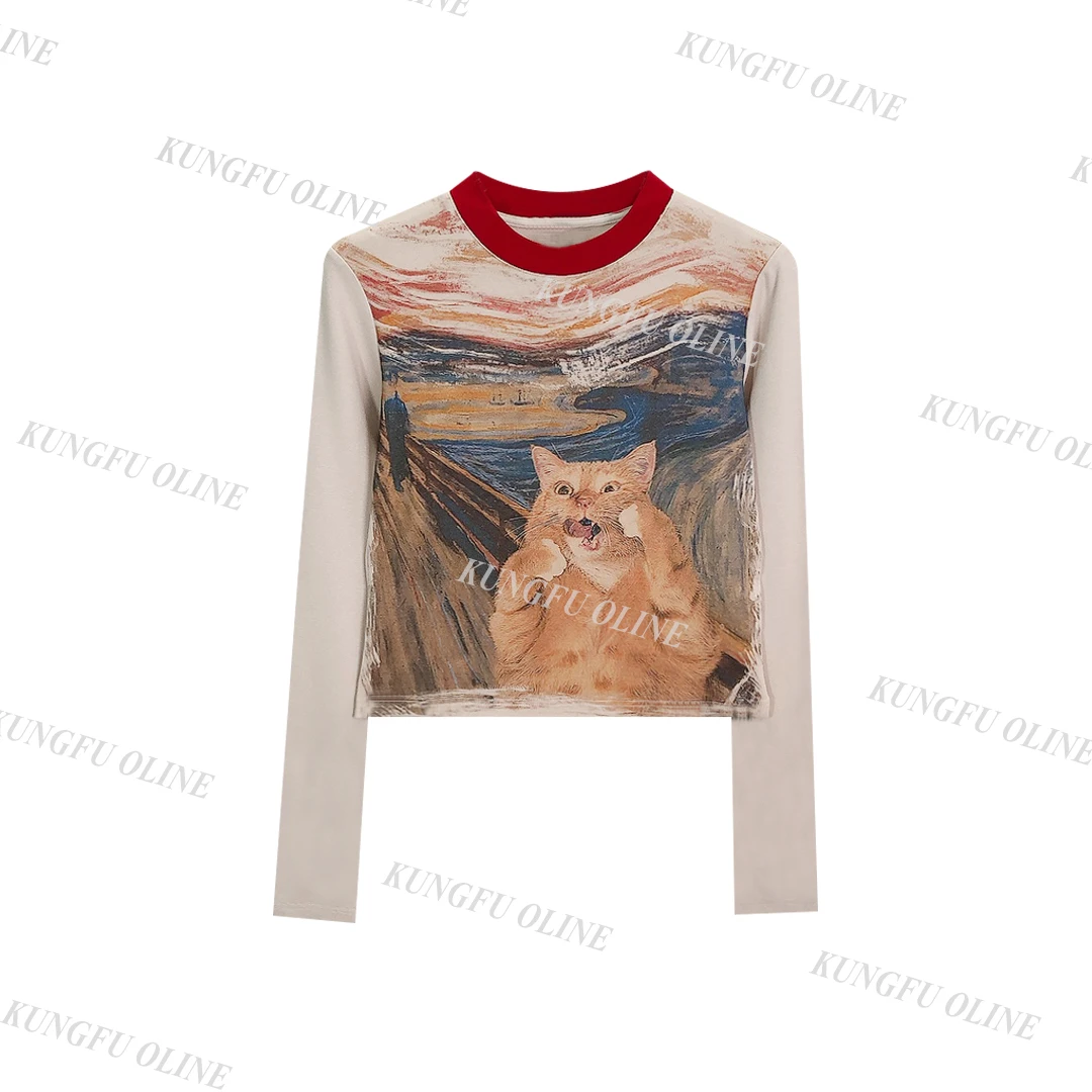 【YY】CT7385彩绘撞色设计T恤女百搭圆领长袖上衣