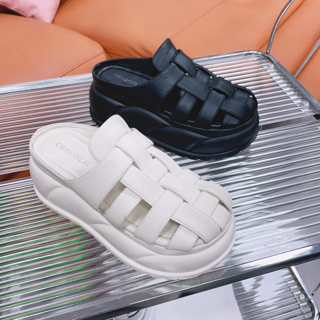 增高8CM2024夏季新款真皮女鞋时尚休闲洞洞鞋透气罗马鞋7809-1