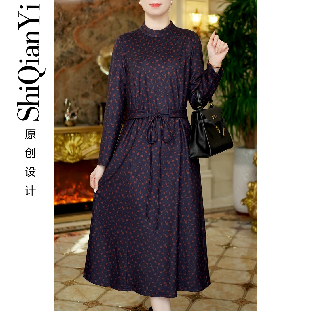 【诗千逸定制-云檀】2024冬季保暖气质波点时尚长袖连衣裙A1445