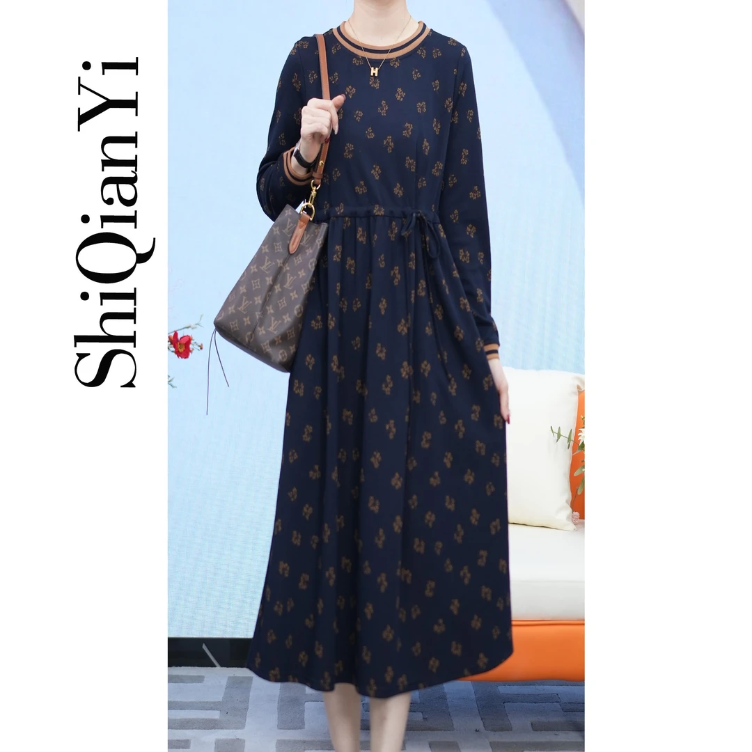 【诗千逸定制】秋冬收腰显瘦时尚气质螺纹圆领宽松连衣裙A0819LY