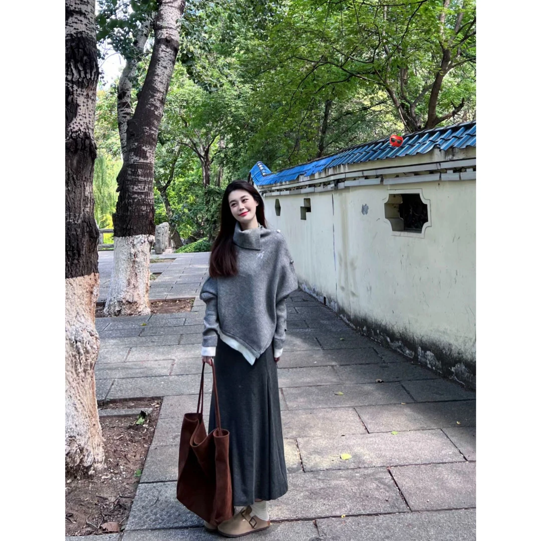 新款秋冬高领网红针织不规则宽松斗篷毛衣外套高腰半身长裙套装女