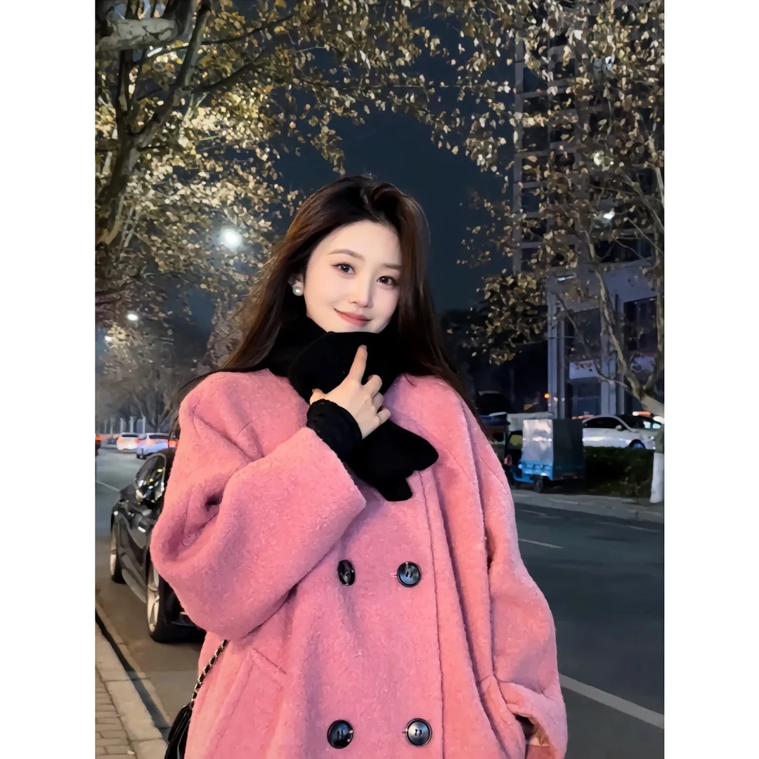 秋冬保暖呢子大衣女秋冬圆领复古加厚小个子韩系赫本风毛呢外套女