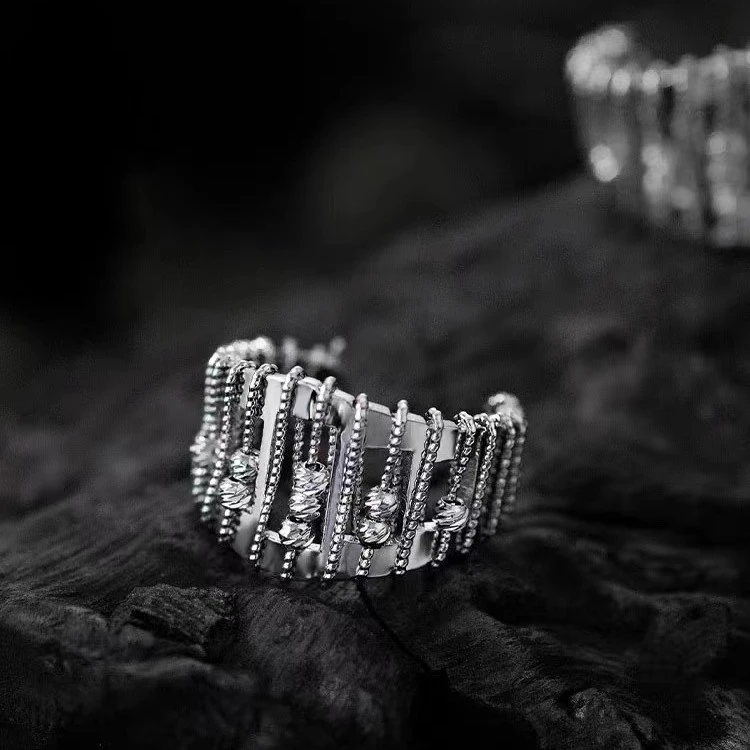 铜合金戒指 轻奢个性镂空串珠戒指欧美冷淡风开口戒小众设计感