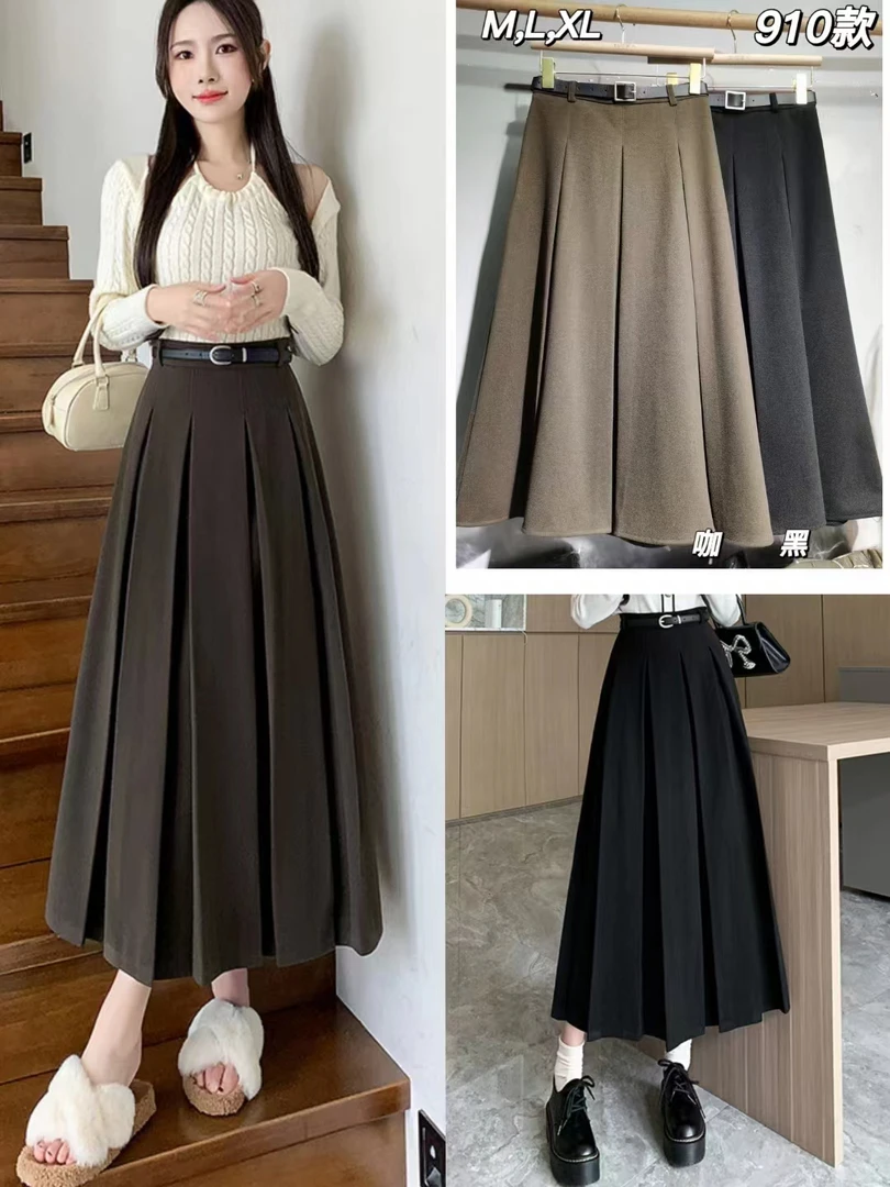 显瘦半身裙半身裙子春秋气质高腰黑色中长款西装料时尚A字小个子