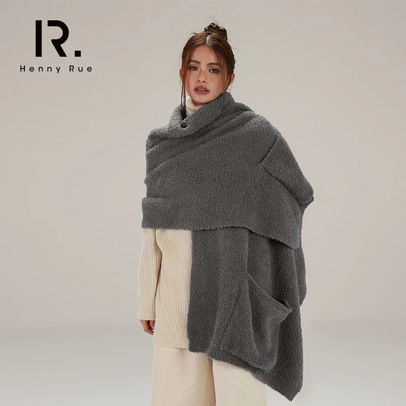 HennyRue亨尼露秋冬藏匿暖流半边绒披肩保暖外套纯色针织23444