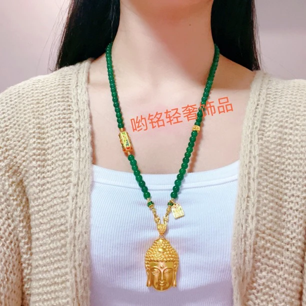 合金项链 合金项链轻奢配饰饰品长款绿色珠珠链配瑞特大号佛头
