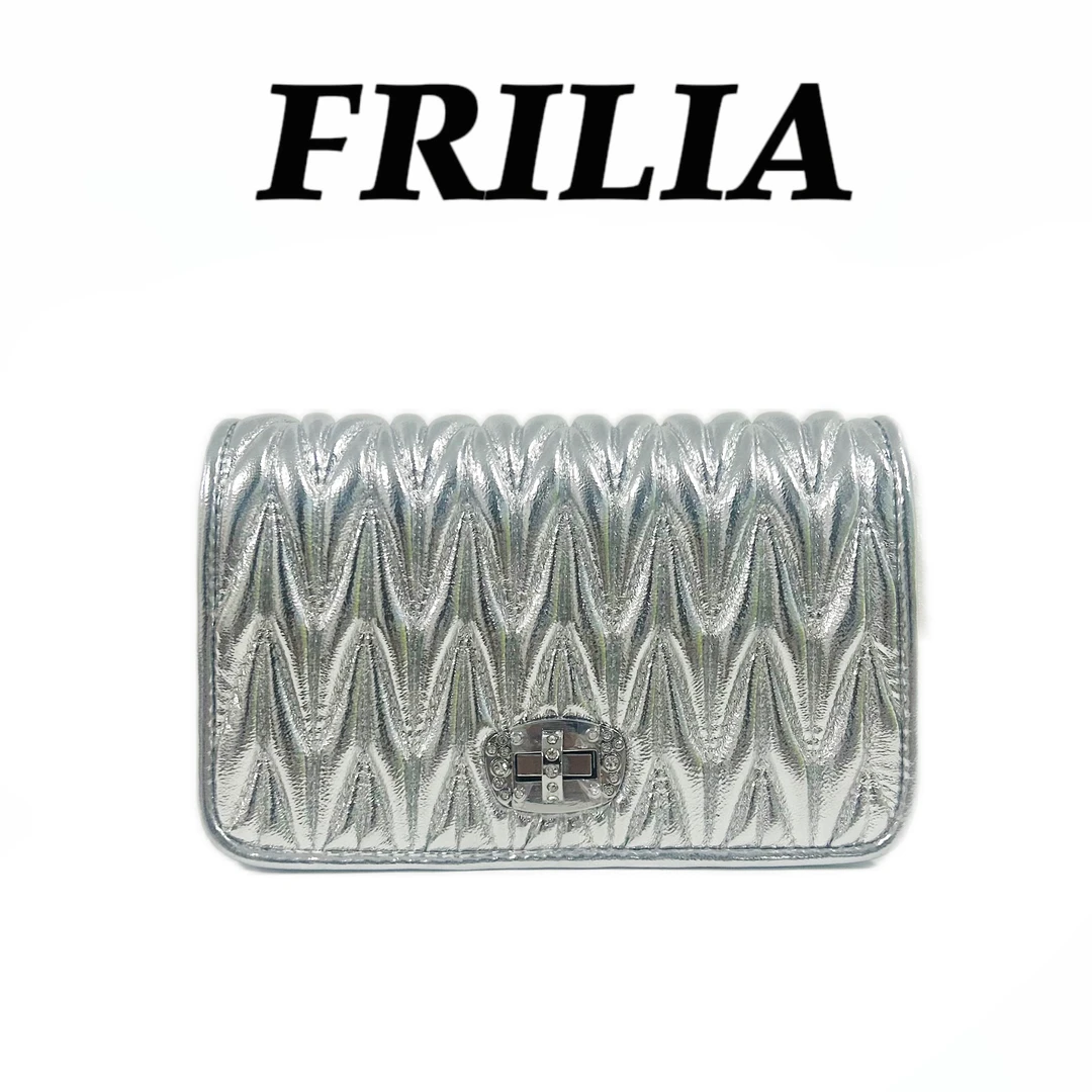FRILIA2024新款菱格珠链皮穿链包单肩斜挎女包包银色镶钻轻奢240