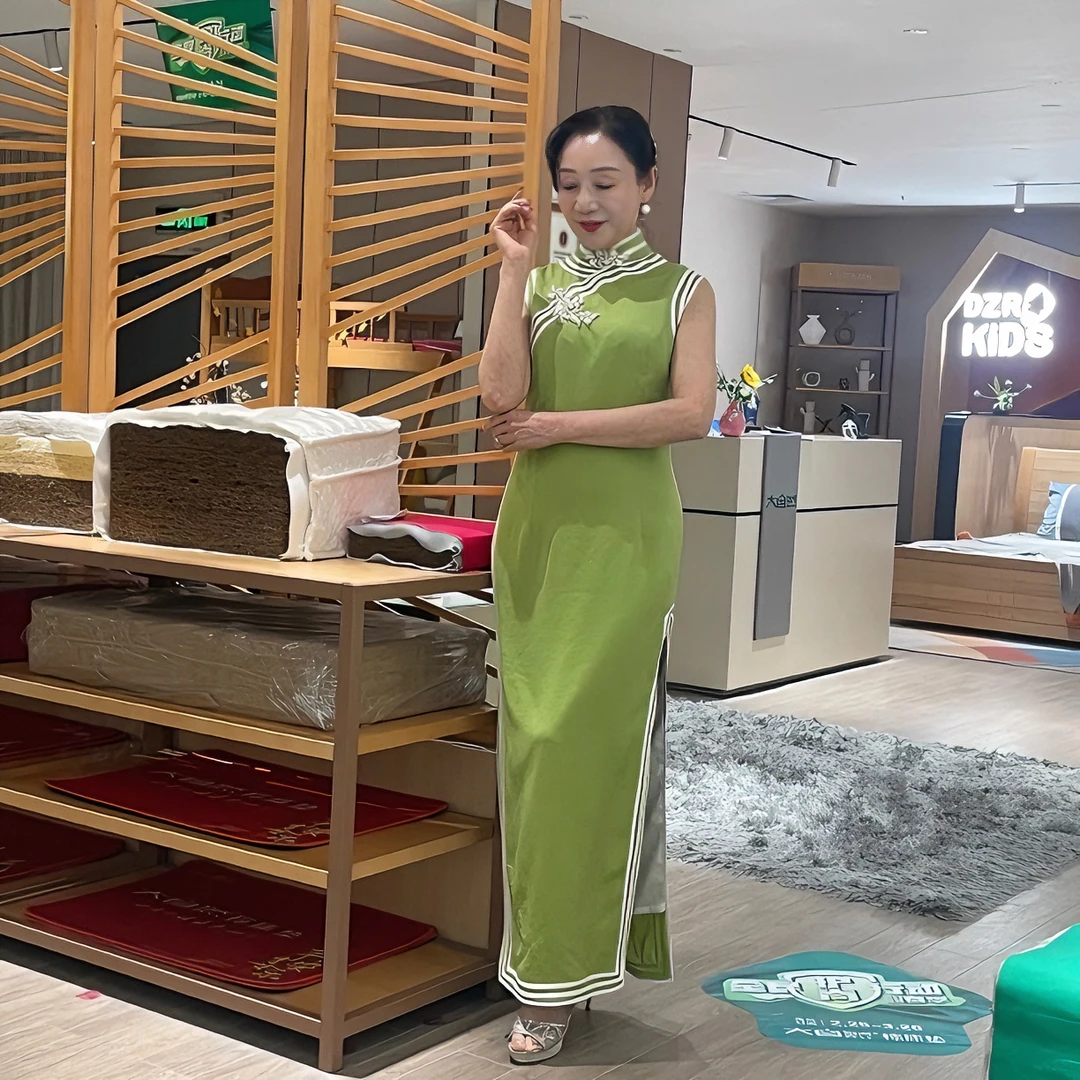 孝庄唐韵2023新款孝庄唐韵旗袍牛油果绿显瘦气质绿色夏季中长款