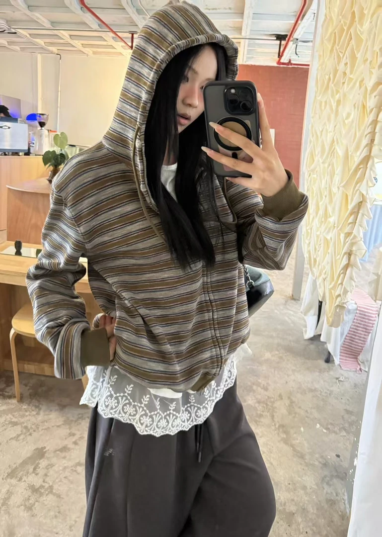 （爆款加绒条纹卫衣）韩版针织连帽长袖百搭