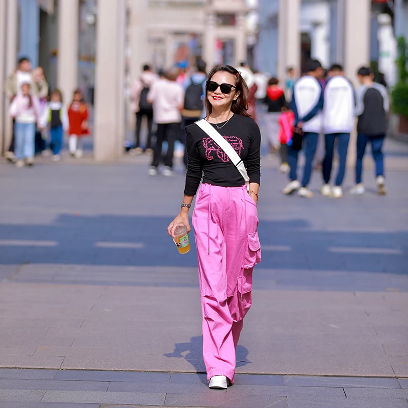 美式复古刺绣休闲套装女时髦显瘦卡通大象T恤工装阔腿裤两件套