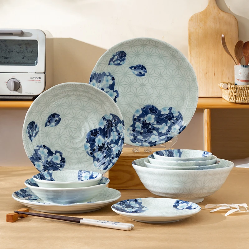 日本进口有古窑叶樱陶瓷碗盘子菜盘家用吃饭碗日本高端日式釉下彩