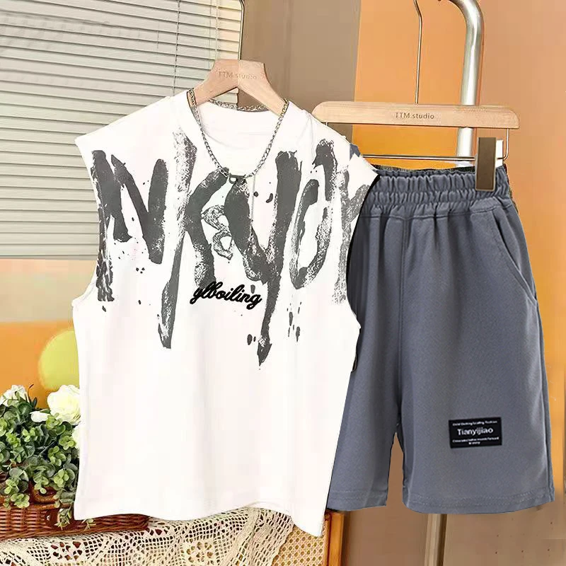 儿童2024新款无袖套装透气薄款帅气背心短裤两件套外穿儿童节