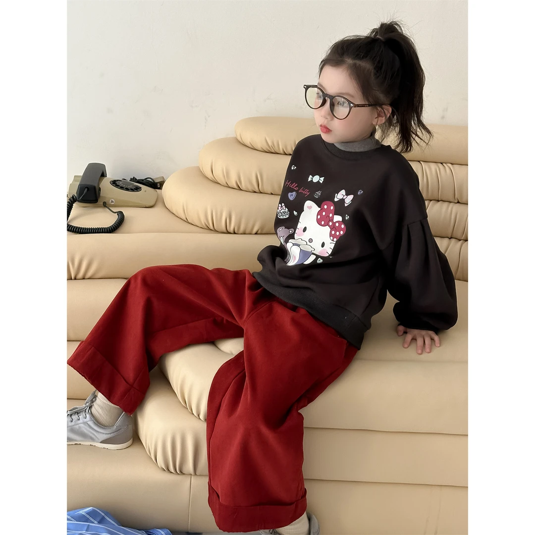 LJ童装韩版2024新款冬女童翻边阔腿裤中童百搭加绒休闲裤-1122