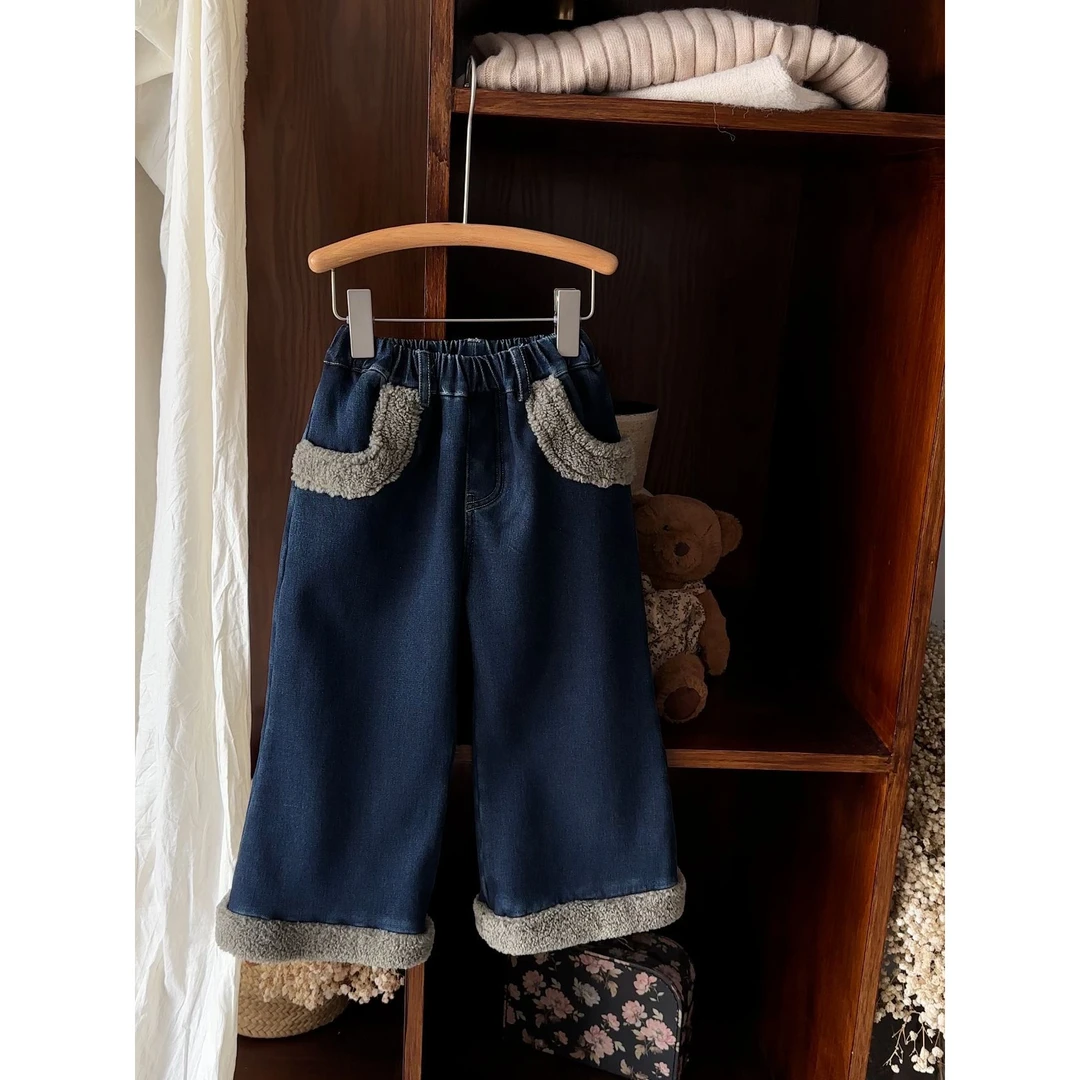 LJ童装韩版2024新款冬季女童拼毛牛仔裤宝宝加绒休闲长裤-71170