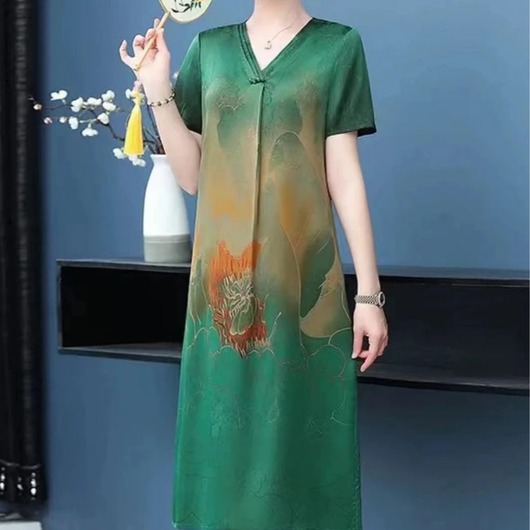 妈妈装夏装国风梦幻花萝新款高贵宽松连衣裙