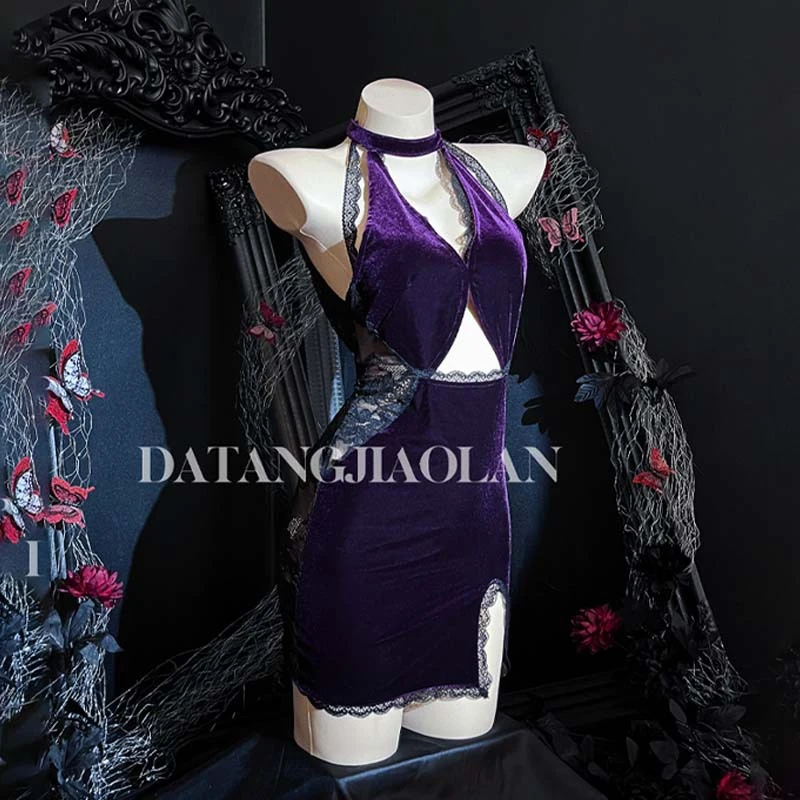 紫绒云缕高级感家居服秋冬女丝绒紫色性感吊带蕾丝睡裙