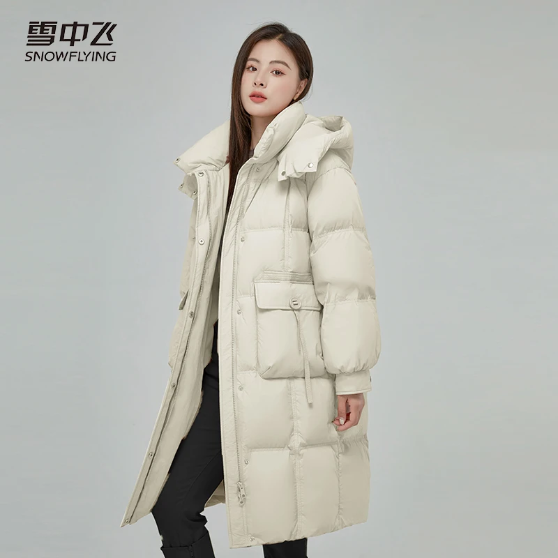 雪中飞秋冬新款女士长款休闲大口袋连帽鸭绒保暖羽绒服X30143194F