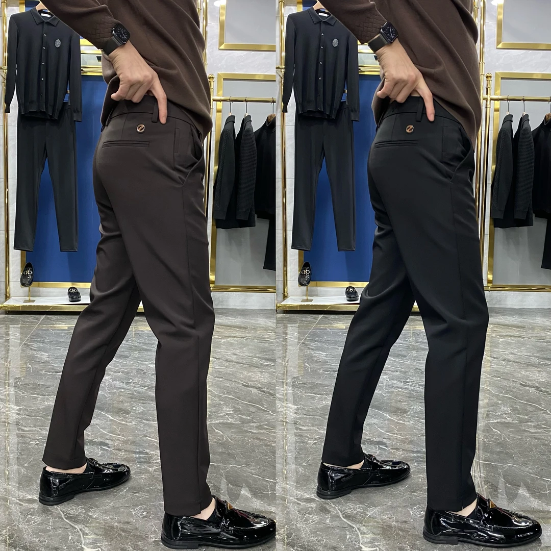 X66302高档男裤免烫欧货裤脚开叉男士百搭修身弹力小脚裤