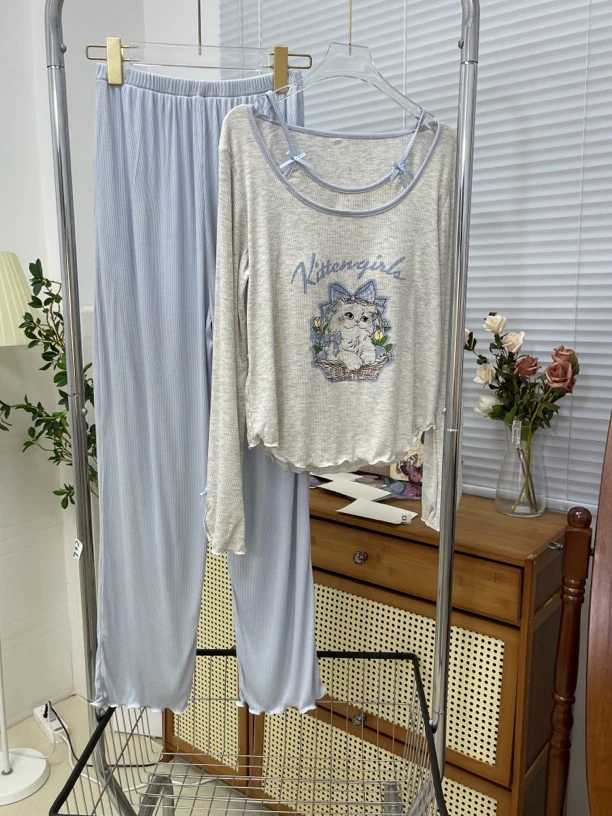 （检漏款2）甜美纯欲风带胸垫睡衣女长袖假两件猫咪可爱家居服