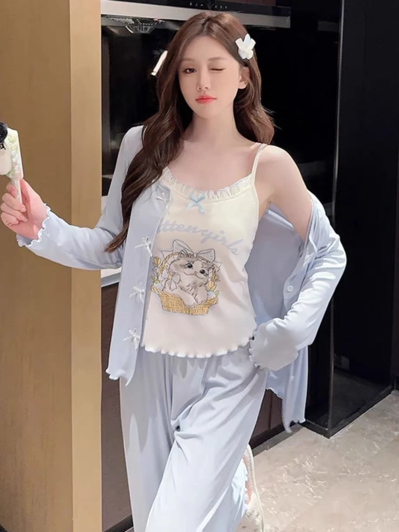 睡衣女春秋款莫代尔棉卡通印花吊带长袖性感三件套装带胸垫家居服