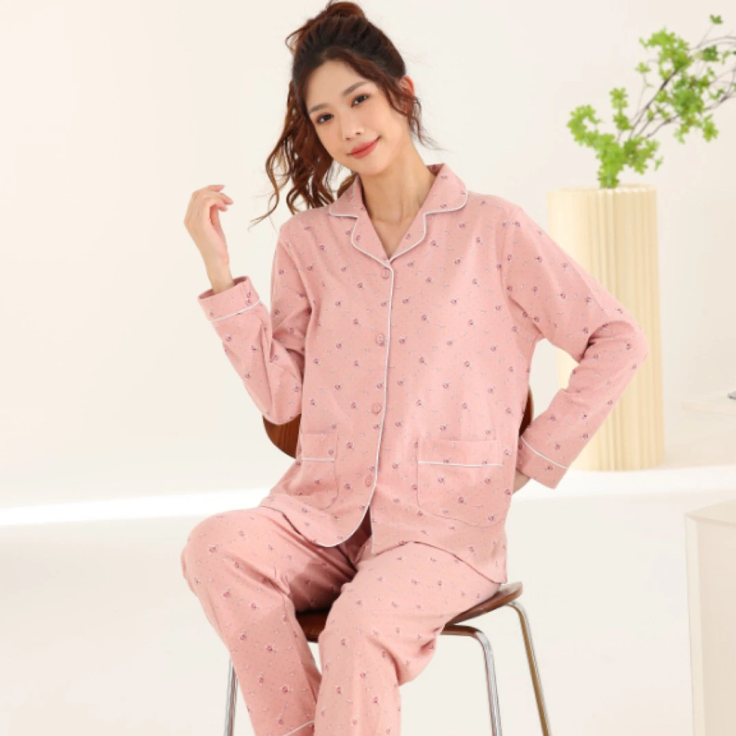 玉康舒适女士长袖针织睡衣秋款纯棉透气小碎花套装秋冬大码印花