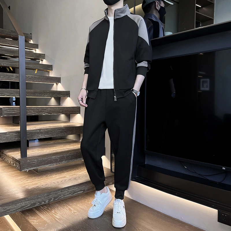 休闲运动服套装男士2024春秋季新款潮牌拼色宽松立领夹克开衫外套