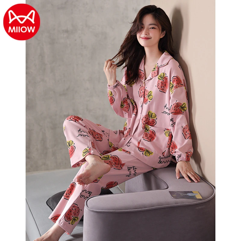 MiiOW/猫人2023年新款睡衣女春秋季纯棉长袖开衫秋冬天家居服套装