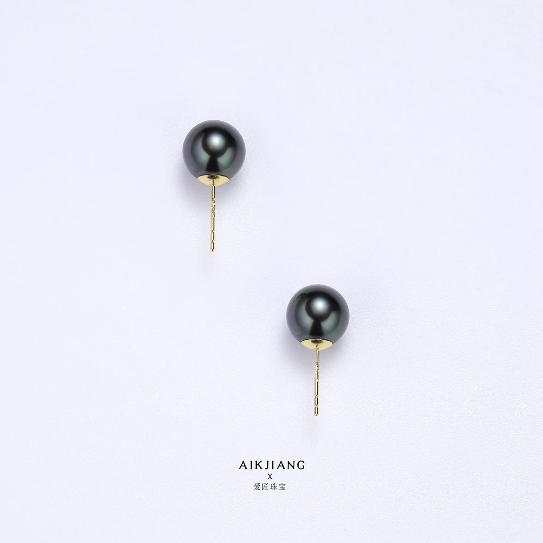 AIKJIANG/爱匠【白总】18K金海水珍珠大溪地黑珍珠耳钉小众设计轻奢