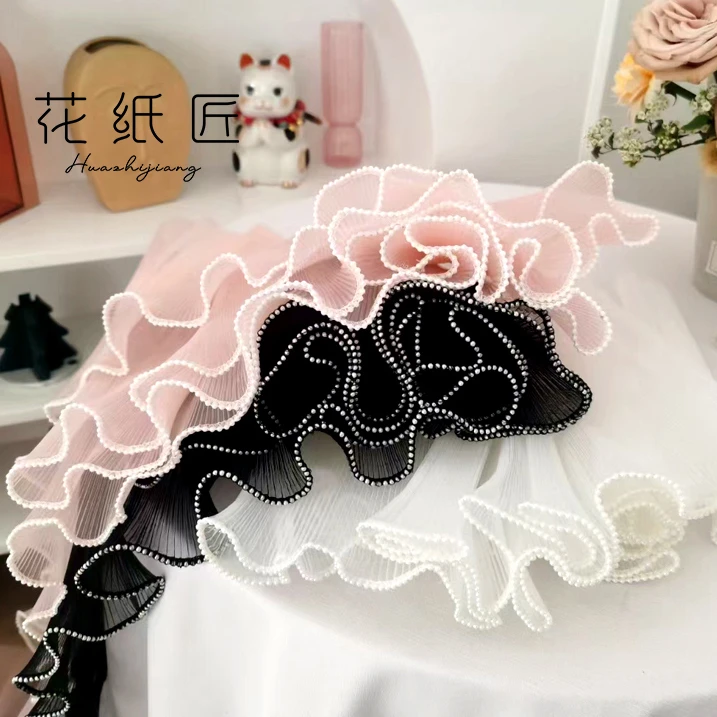 珍珠波浪网纱韩式浪花纱纯色白色珍珠荷叶纱花艺鲜花花束包装纱网