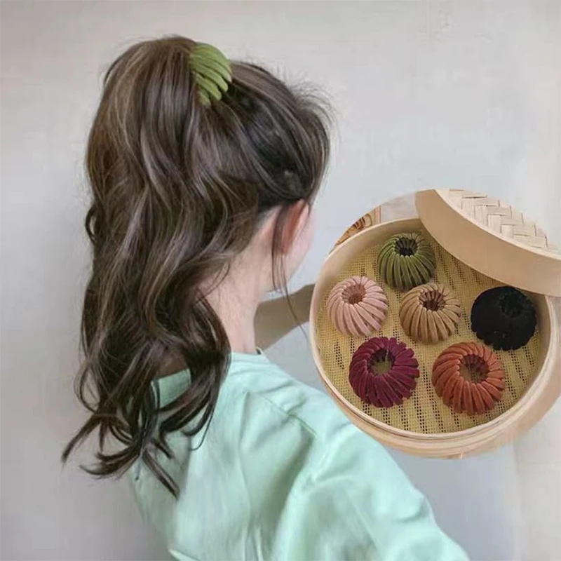 网红女高马尾伸缩抓夹发卡天鹅绒面鸟巢发圈懒人丸子头盘发神器