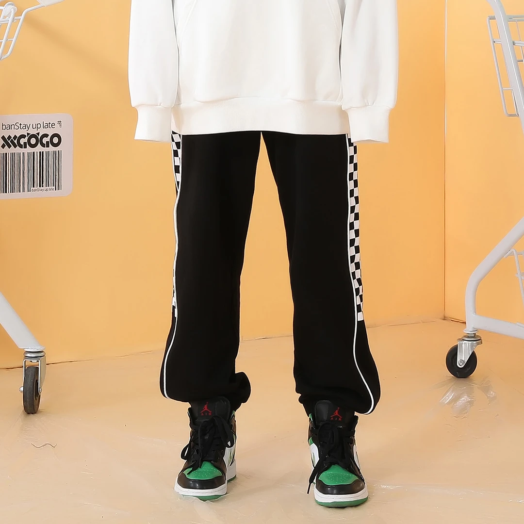 XXGOGO休闲长裤男简约线条侧条纹棋盘格国潮宽松纯棉束脚运动裤潮