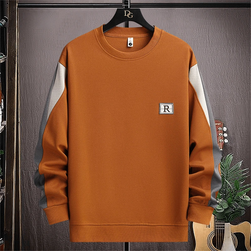 春秋新款圆领卫衣男士青少年套头长袖上衣潮流撞色拼接百搭打底衫