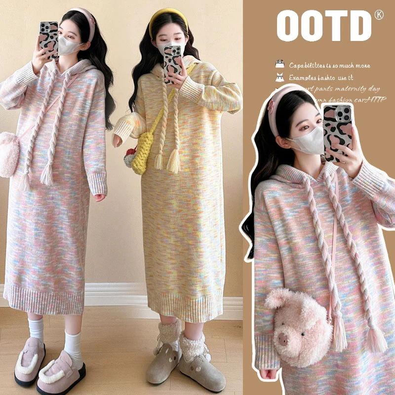 孕妈秋冬休闲连帽宽松慵懒风彩色针织套头长裙中长款条纹加厚