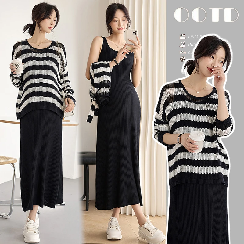 2024新款时尚宽松连衣裙孕妇装针织吊带裙气质显瘦春秋套装两件套