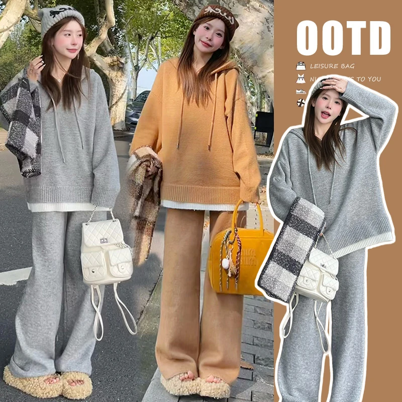 2025新款孕妇秋冬新款时尚针织休闲套装慵懒风连帽宽松两件套