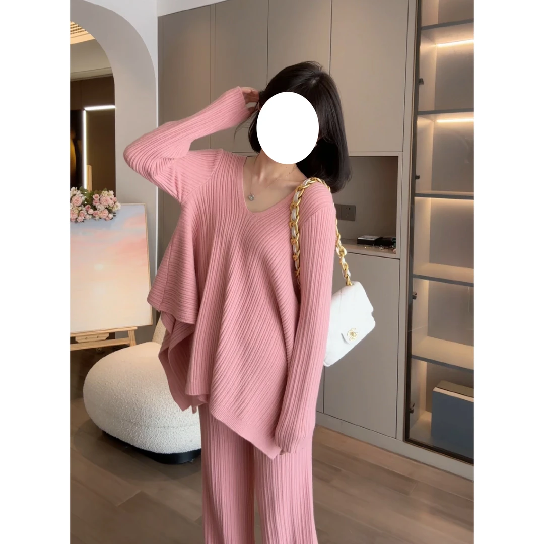 2025春季新款洋气安妮午茶时尚设计针织孕妈上衣外套+阔腿裤套装
