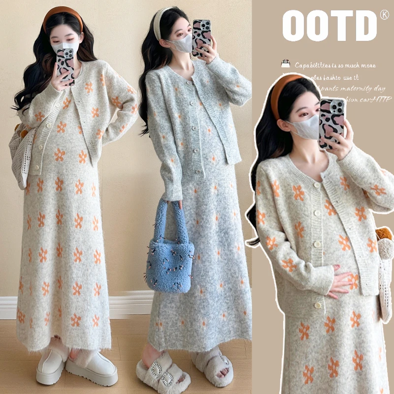 孕妇秋装连衣裙套装大码时尚潮妈新款开衫针织长裙加厚保暖秋冬季