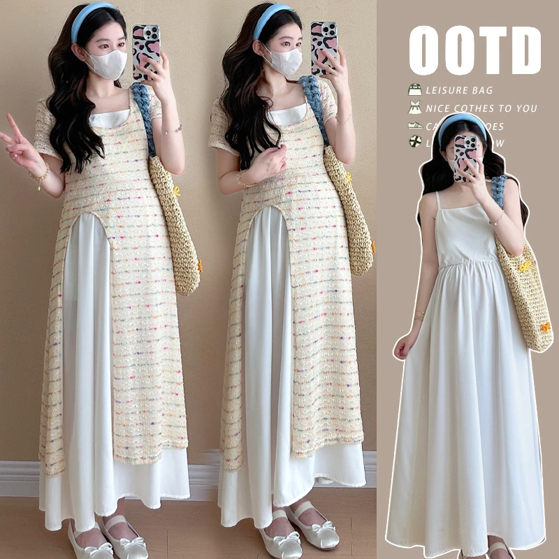 夏季彩色多巴胺开叉连衣裙+吊带裙潮妈洋气两件套装中长款法式