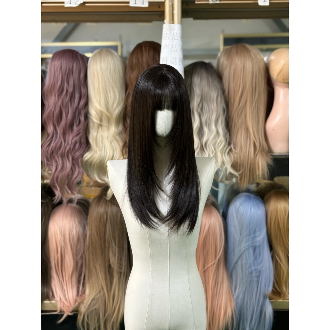 齐刘海内扣高层次假发女内扣高层次自然黑色中长款时尚自然全头套