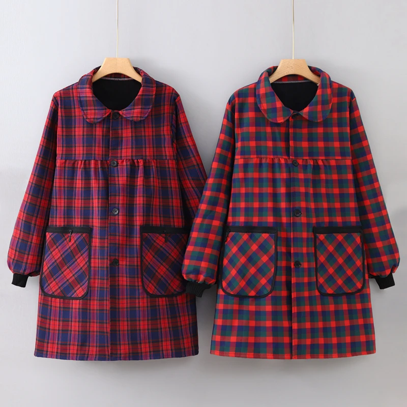 加绒正穿保暖围裙长袖罩衣女家用厨房上班耐磨韩版洋气大人工作服